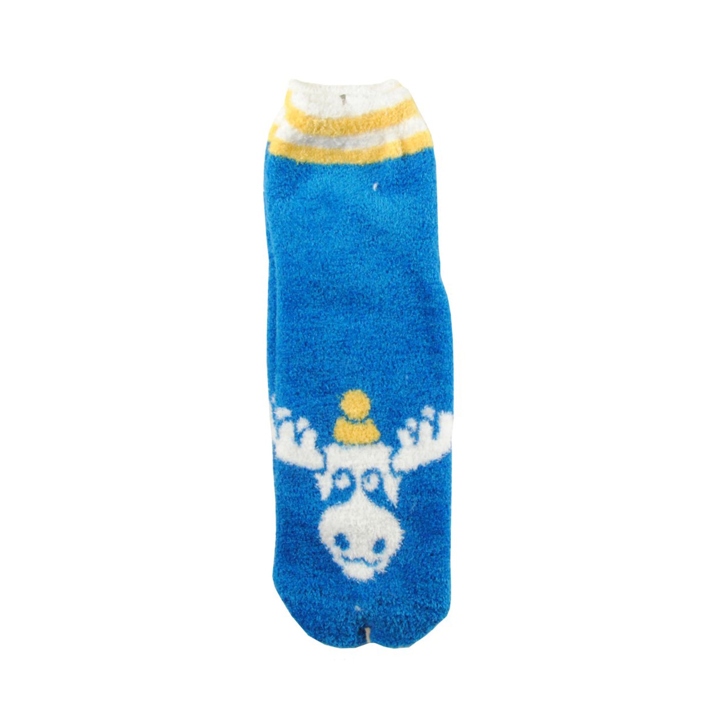 Mjuk blå socka med motiv av en älg och halkskydd sedd ovanifrån.