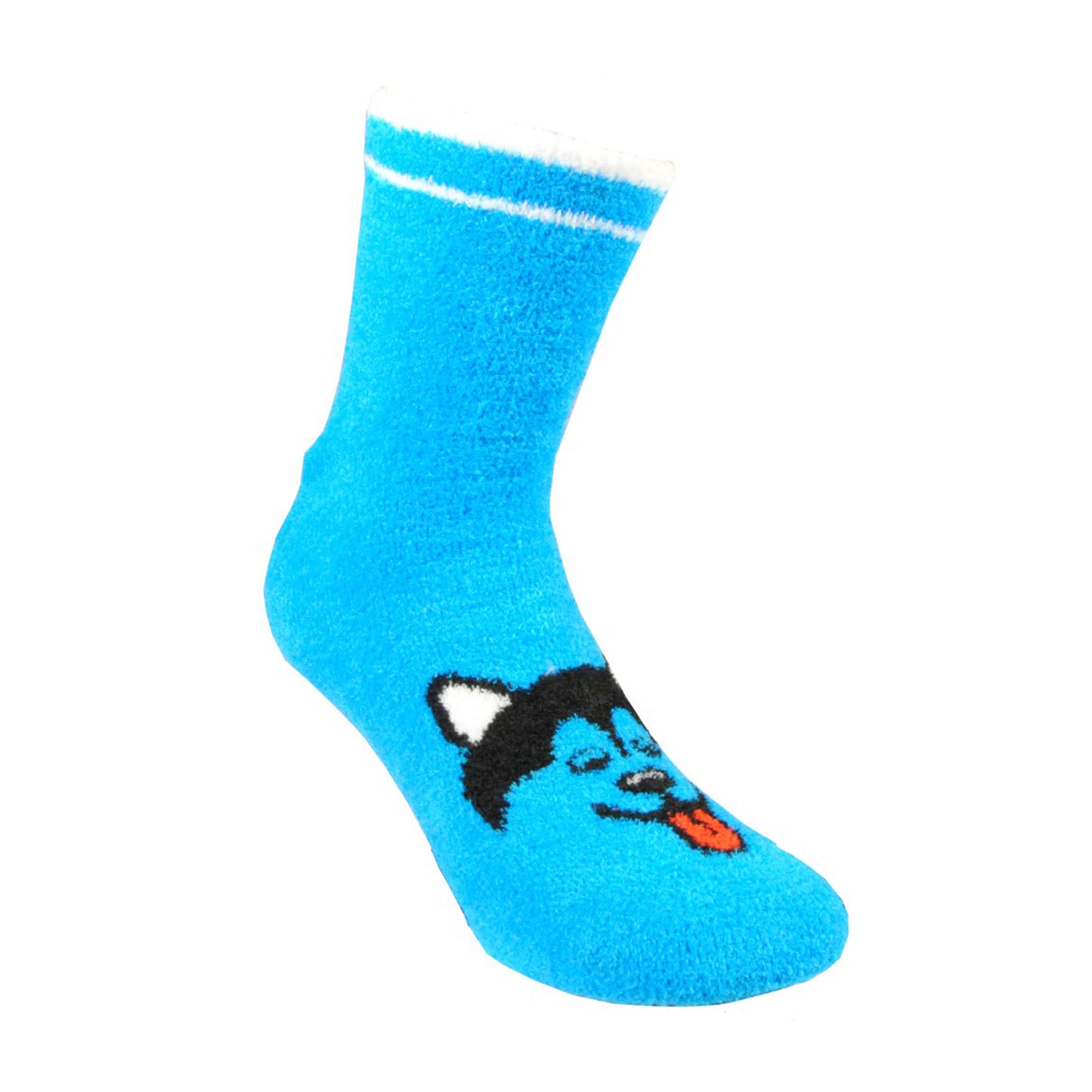Mjuk blå socka med huskymotiv och halkskydd, storlek 36-40. Supermjuk och helmysig.