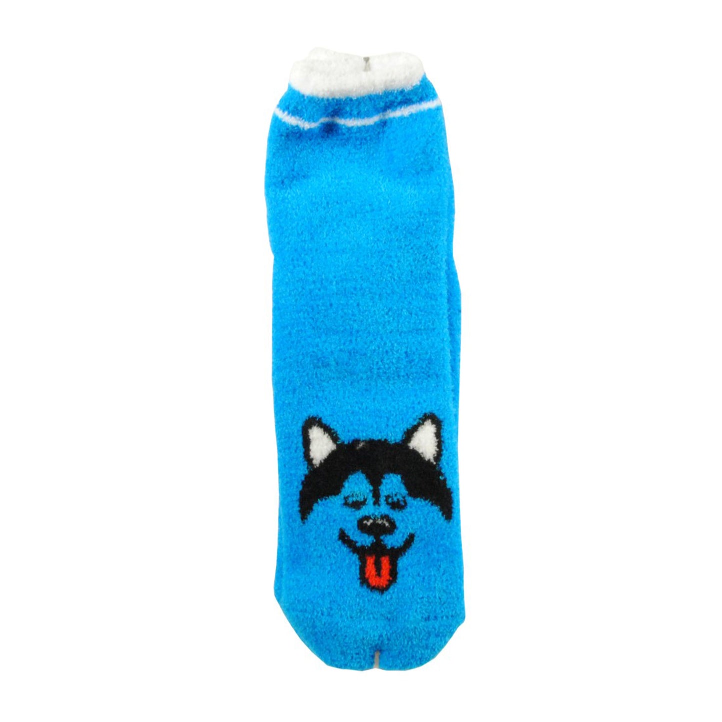 Blå socka med huskymotiv och halkskydd, visad liggande utan fot i, storlek 36–40.