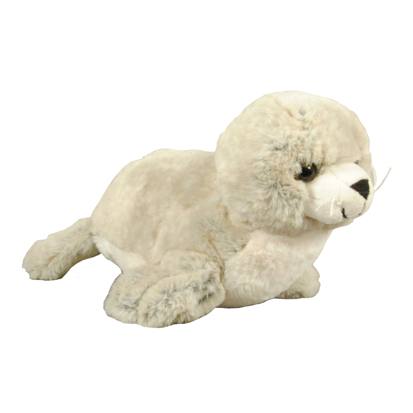 Liggande gosedjurssäl, 21 cm lång, i mjukt grått material. En charmig säl med vänligt ansikte – perfekt som present eller souvenir.