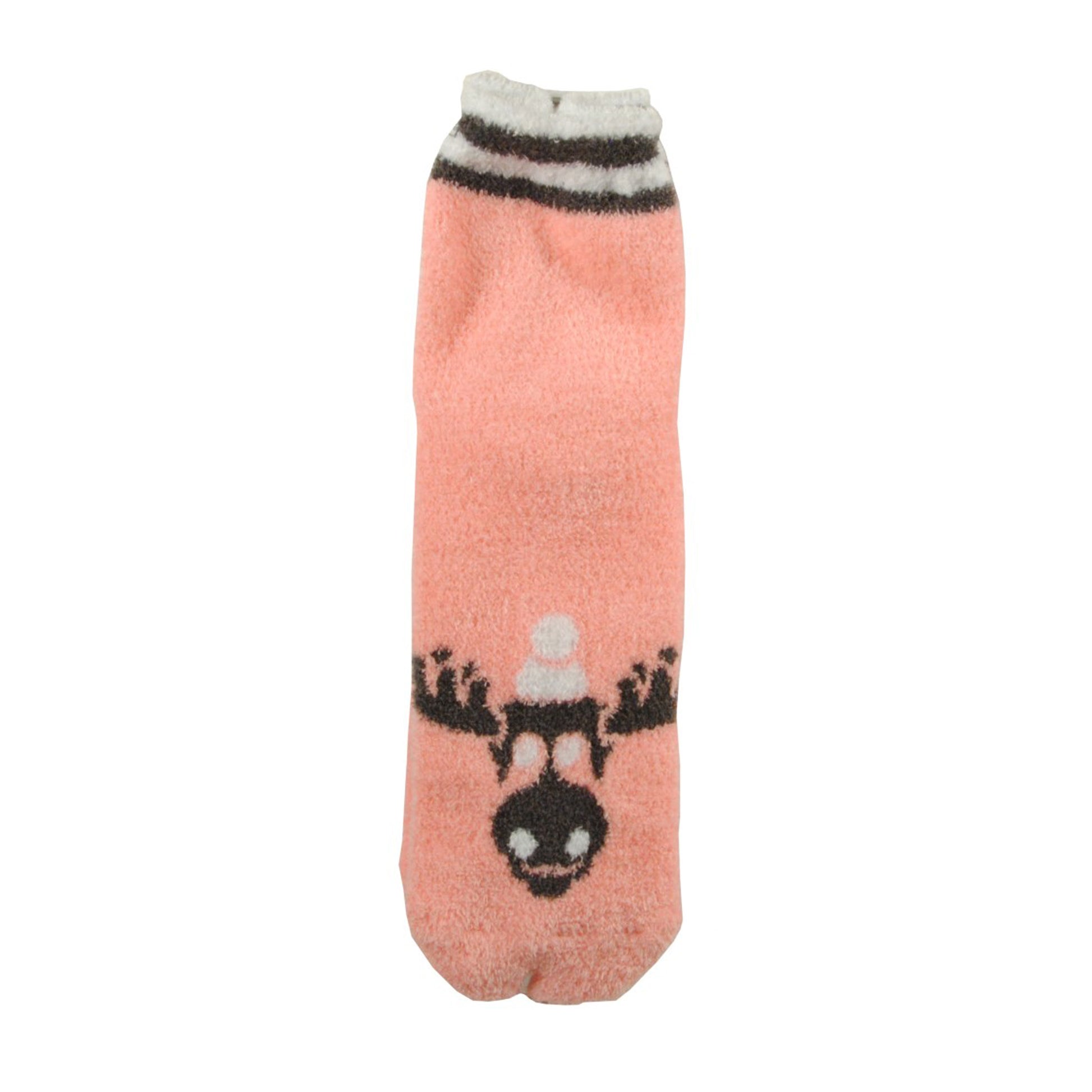 Mjuk rosa socka med älgmotiv och halkskydd, fotograferad uppifrån liggande platt.