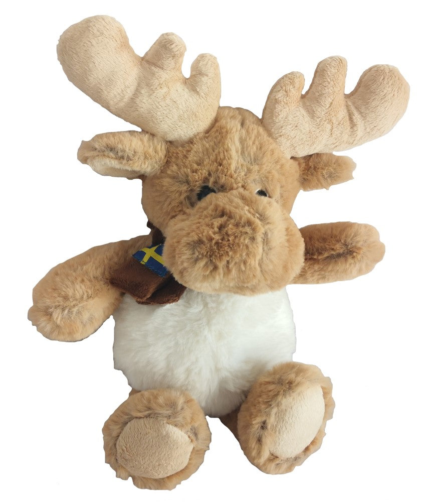 Gosedjursälg Bror på 20 cm med mjuk kropp och halsduk med svensk flagga – en söt och omtyckt souvenir från Sverige, perfekt för mys och lek.