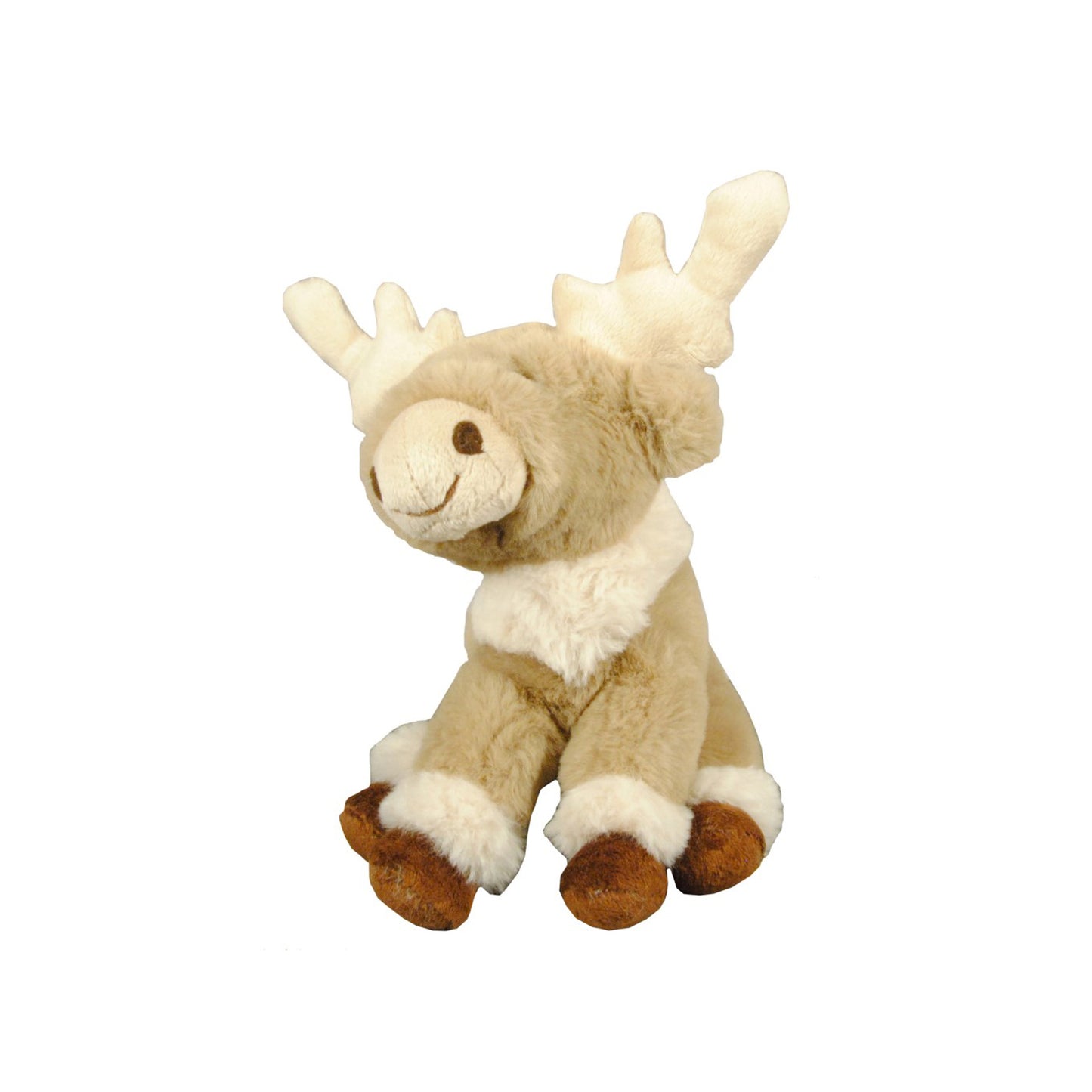 Sittande gosedjursren på 18 cm med mjuk kropp och gosigt utseende, en charmig och mysig ren som passar som souvenir eller present.