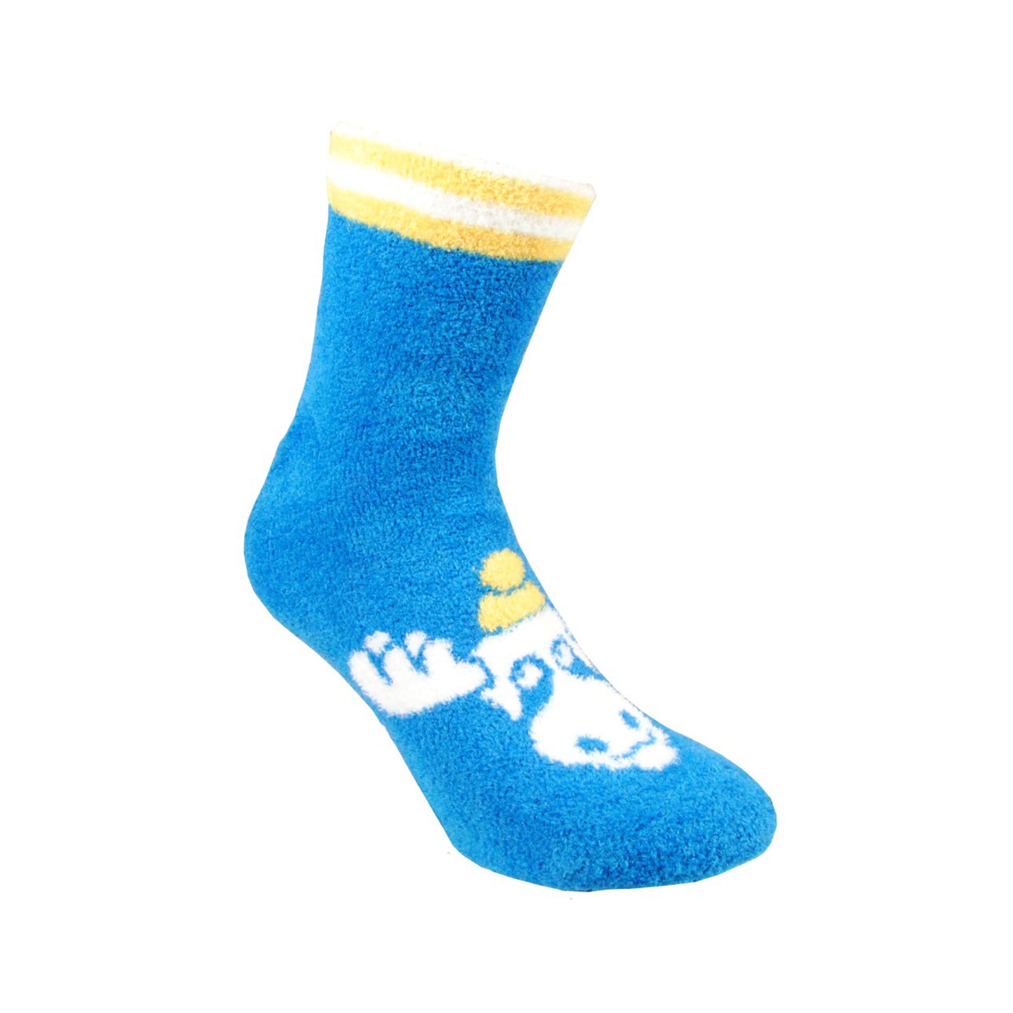 Mjuk blå socka med motiv av en älg och halkskydd.