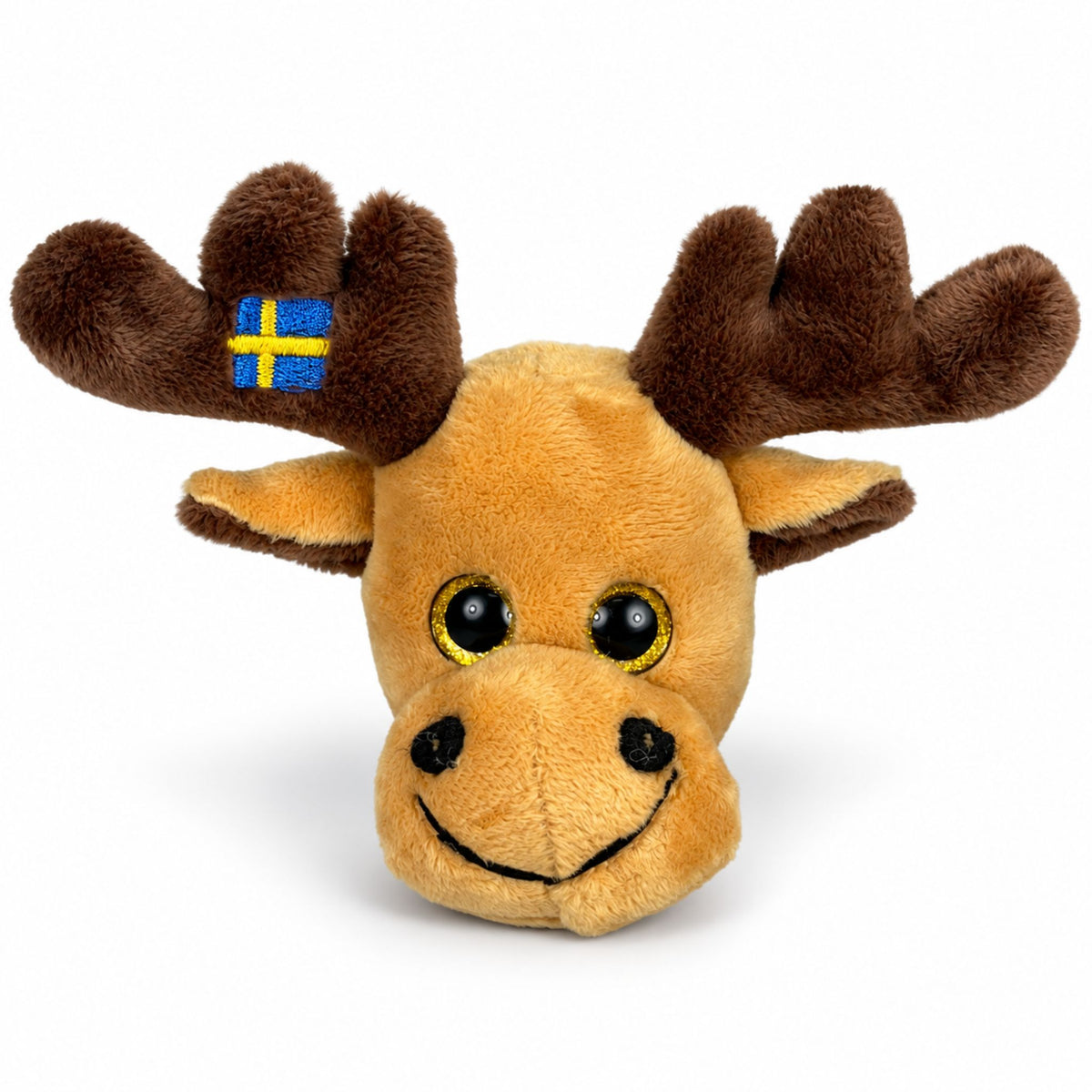 Ljusbrun älghuvudmagnet i gosedjursstil med Sverige-design.