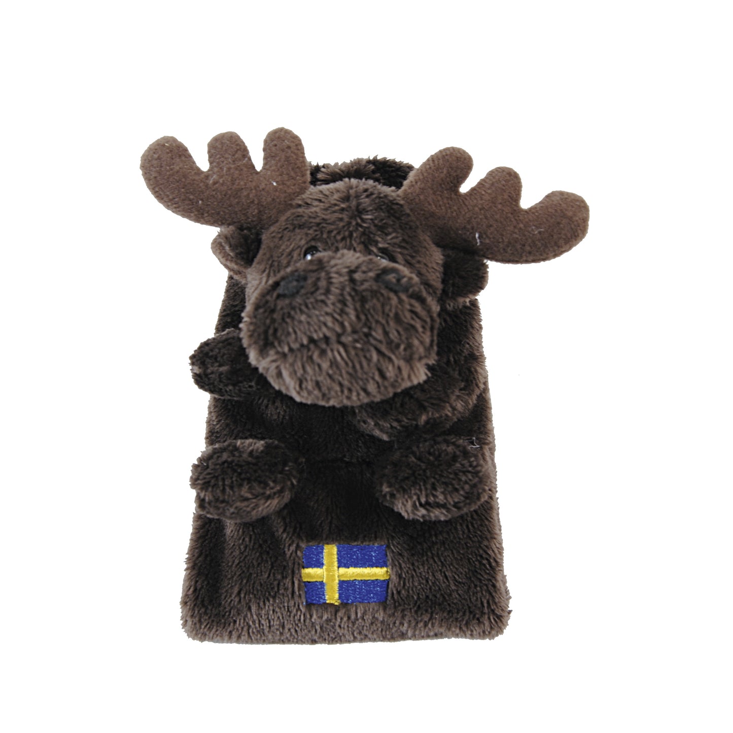 Mjuk väska/fodral formad som en älg där älghuvudet och benen är fast monterade på fodralet, vilket ger en tredimensionell och lekfull design. Perfekt som en unik och gosig souvenir med svensk prägel.