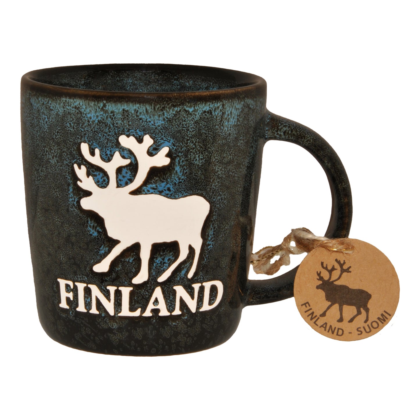 Rustik blå mugg med motiv av en ren och texten "Finland", perfekt för att njuta av varma drycker med en finsk touch.