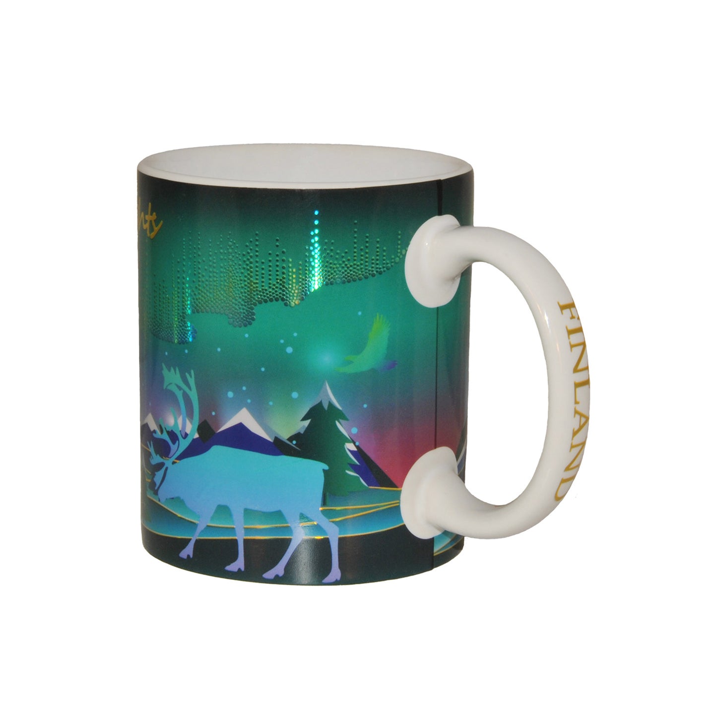 Mugg med skimrande norrskensmotiv, renar och finska flaggan. Kaffekoppen visar ett snöbeklätt fjällandskap, texterna "FINLAND" och "Northern Lights", samt färgsprakande norrsken på himlen. Hantaget är prytt med texten "Finland" i guld, och pekar här åt höger.