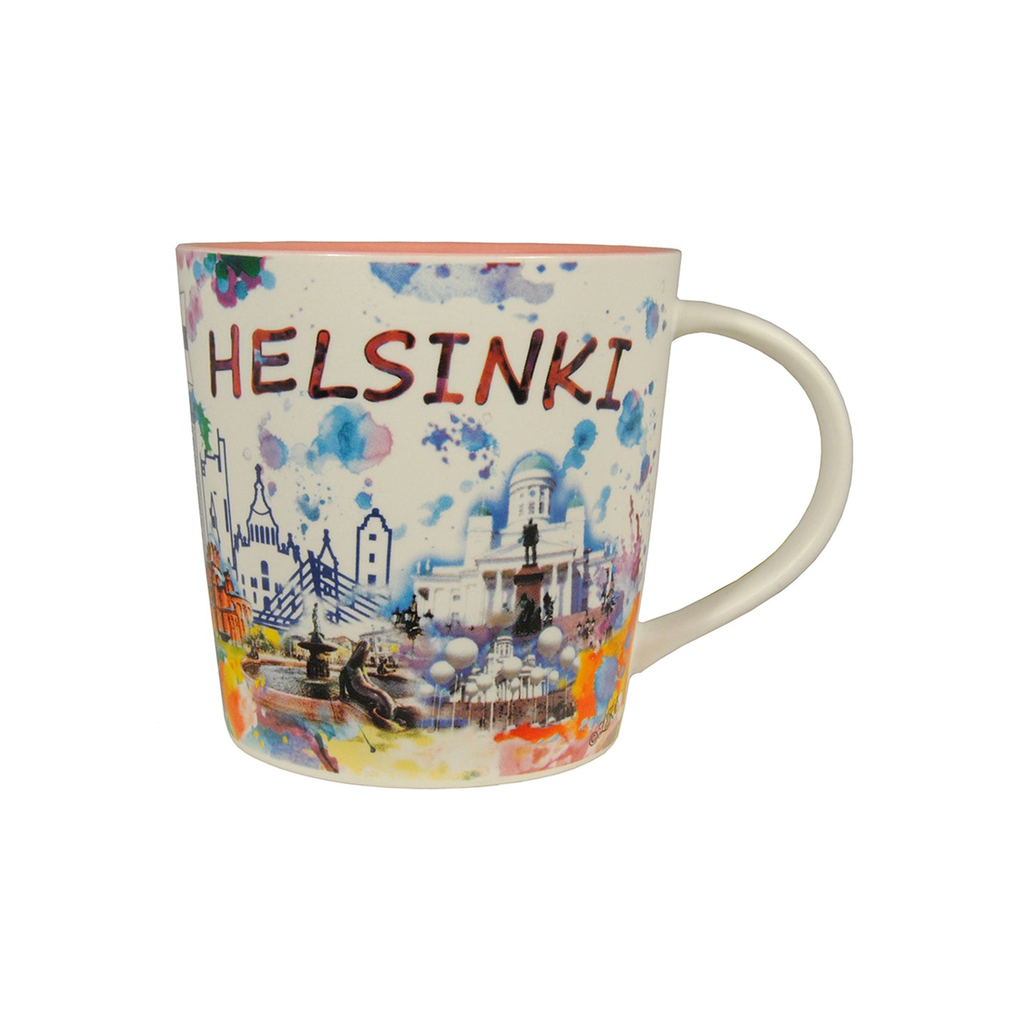 Mugg med motiv som ser ut att vara målat med vattenfärger, med rosa insida och texten "Helsinki".
