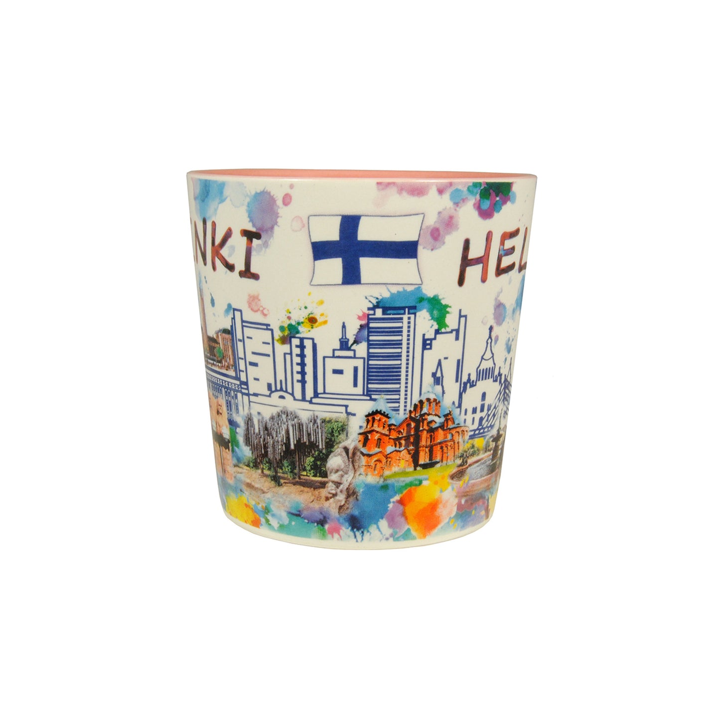 Mugg med motiv i vattenfärger, rosa insida och finska flaggan synlig på sidan, fotograferad från en vinkel som visar mindre av texten men hela flaggan.