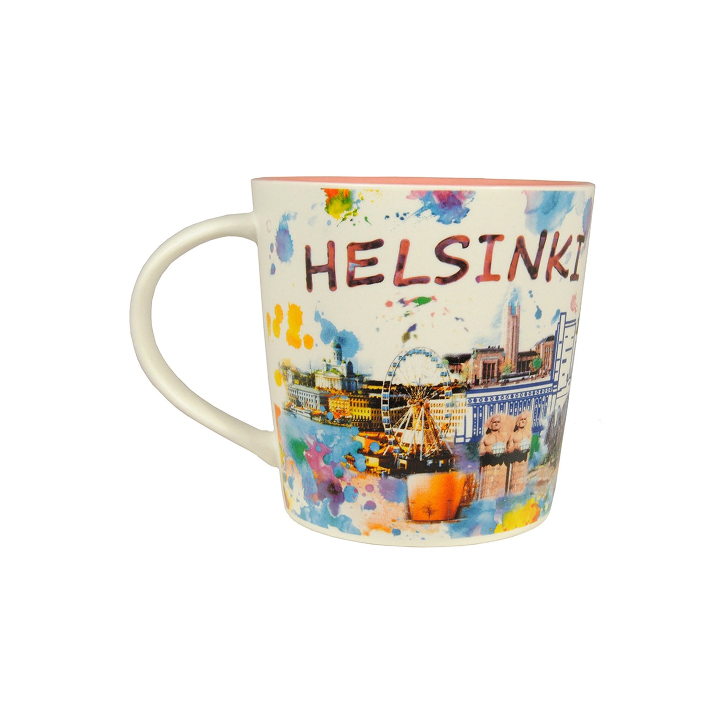 Mugg med motiv i vattenfärger, rosa insida och texten "Helsinki", fotograferad från en vinkel där hela texten syns.