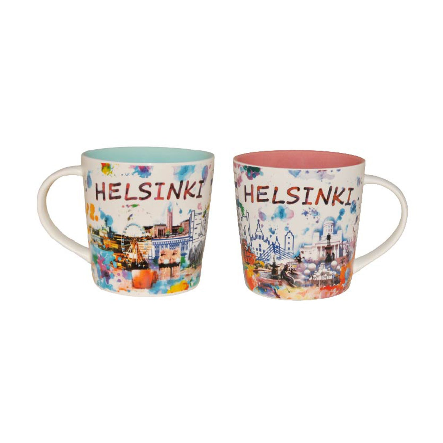 Två muggar med motiv inspirerade av vattenfärger, en med rosa insida och en med blå insida. Båda muggarna har texten "Helsinki" och är en färgglad souvenir.