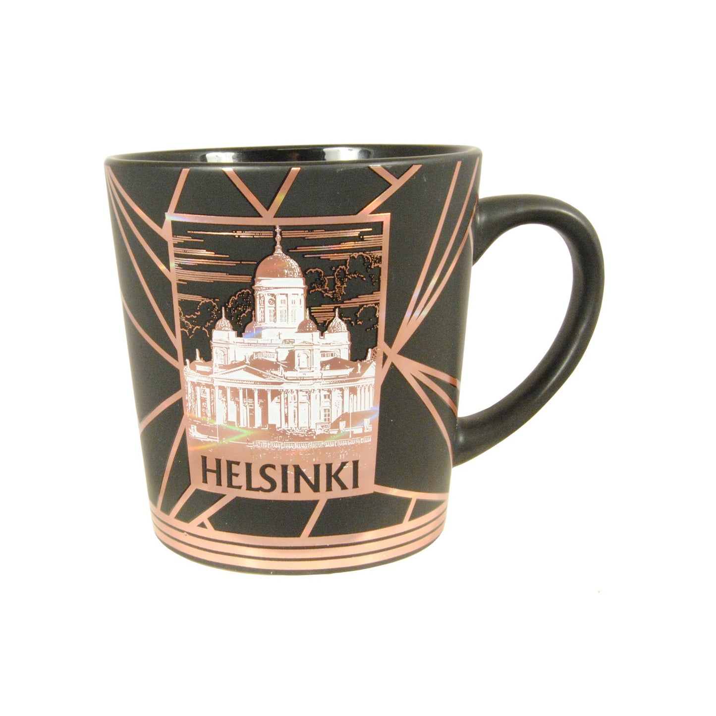 Svart mugg med motiv av Helsingfors katedral och texten 'Helsinki' i bronsfärg. En vacker och elegant kaffekopp, perfekt som souvenir eller present.