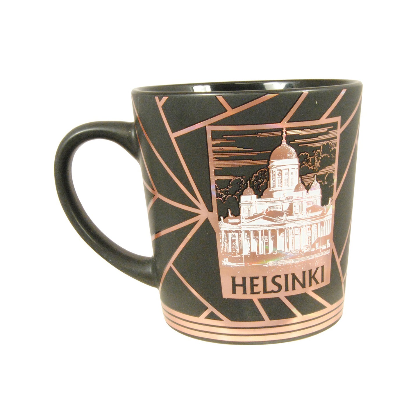 Baksidan av den svarta muggen med Helsingfors katedral och texten 'Helsinki' i bronsfärg, som visar att motivet är tryckt på båda sidor av muggen.
