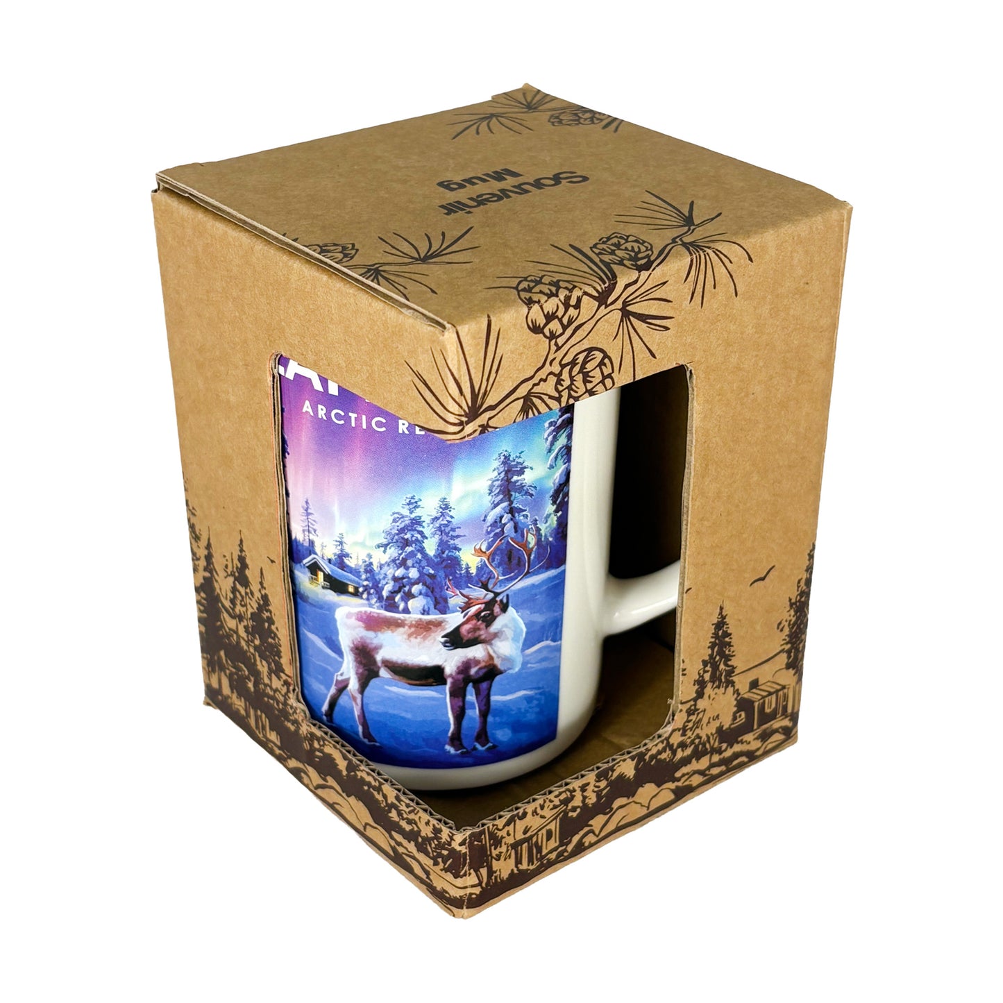 Mugg i brun pappförpackning med mörkbrunt skogsmotiv och texten "Souvenir Mug" på locket.