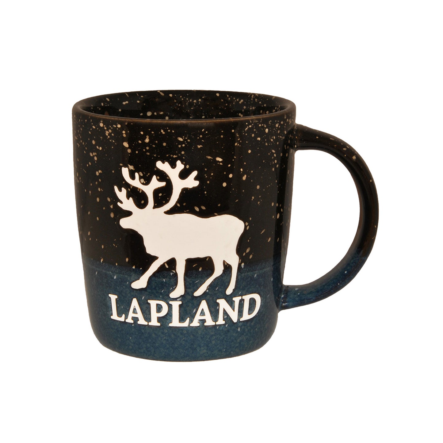 Stengodsmugg i svart och blått med motiv av en ren och texten "LAPLAND"