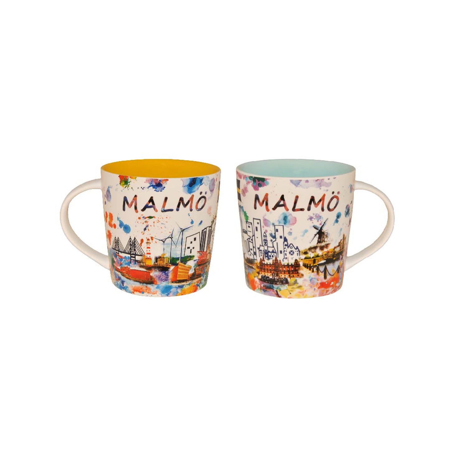 Färgrika keramikmuggar med Malmö-motiv, en med ljusblå insida och en med gul insida – högkvalitativa souvenirer, målade i vattenfärgstil.