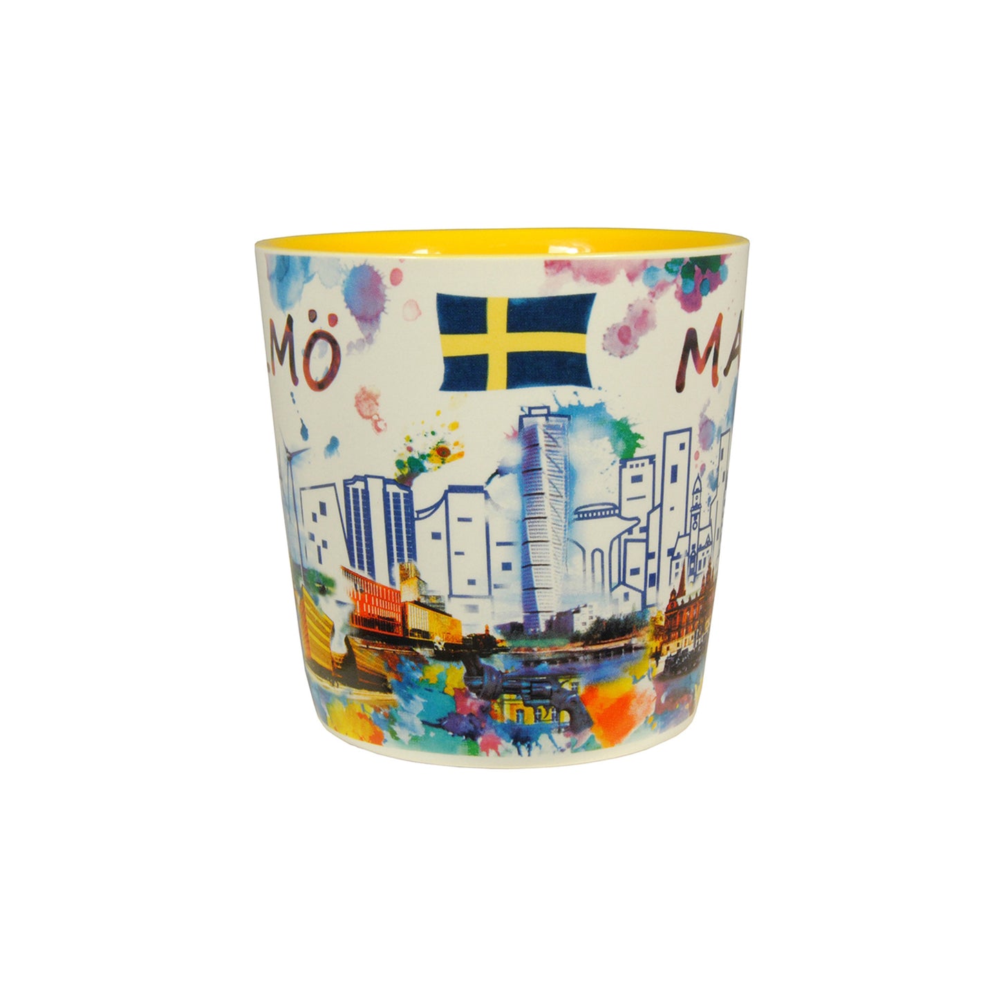 Keramikmugg med Malmö-motiv och gul insida, sett från sidan för att visa mer av det färgrika motivet – högkvalitativ souvenir, 10,2 cm hög.