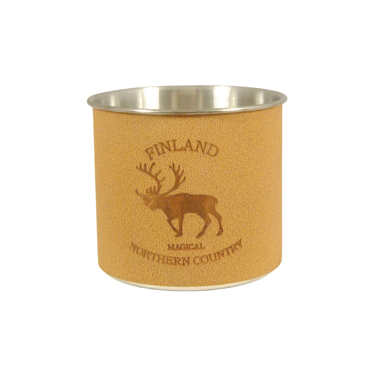 Brun metallmugg med motiv av en ren och texten 'Magical Northern Country', perfekt för friluftsliv och vandring, 7,5 cm hög och 8 cm i diameter.