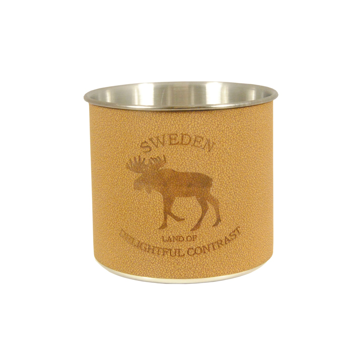 Brun metallmugg med läderdetaljer och texten "Sweden Land of the Delightful Contrast" – 7,5 cm hög, 8 cm i diameter, perfekt för friluftsliv, camping, jakt och vandring