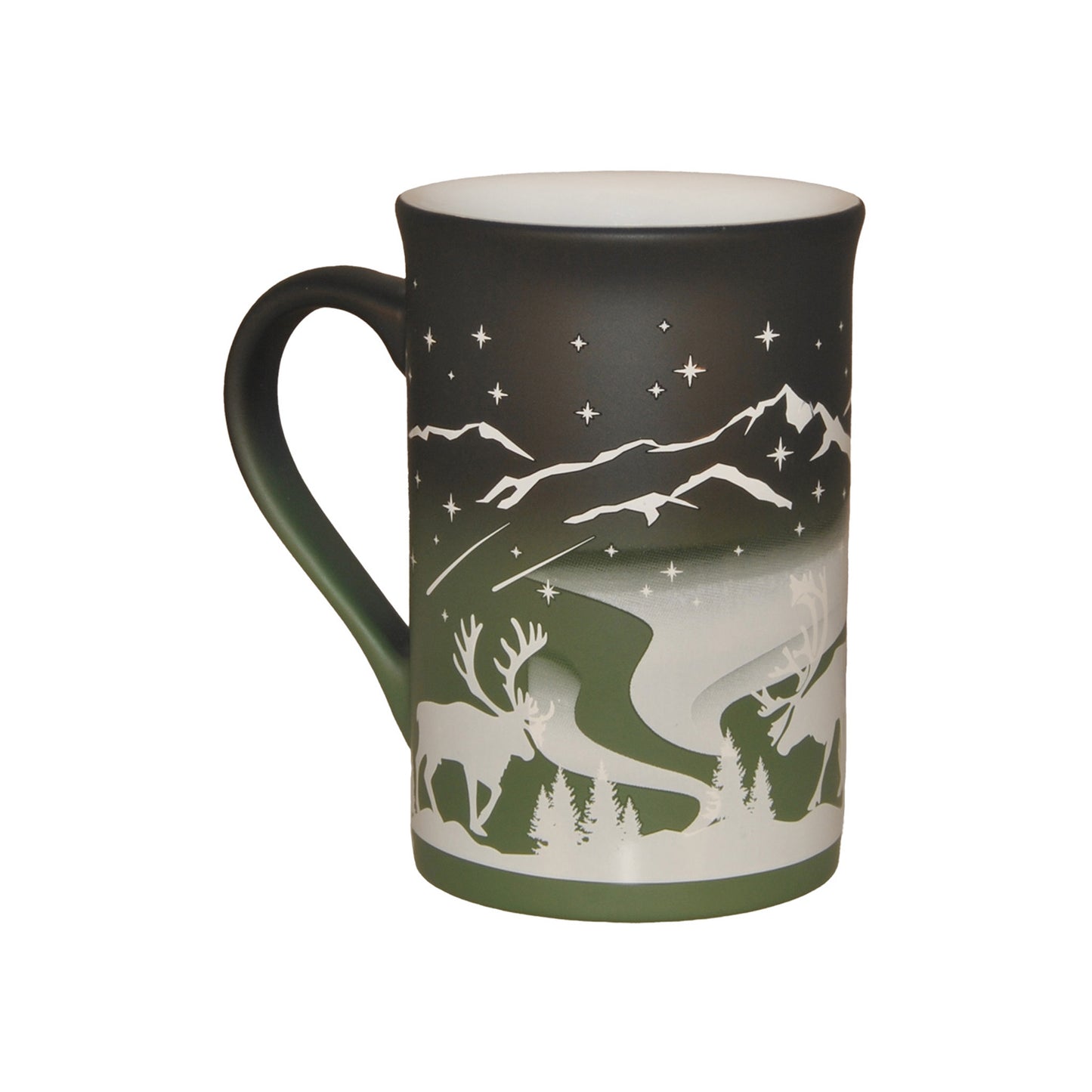 Baksidan av mugg i grönt och svart med motiv av norrsken och texten "Lapland – Northern Lights".