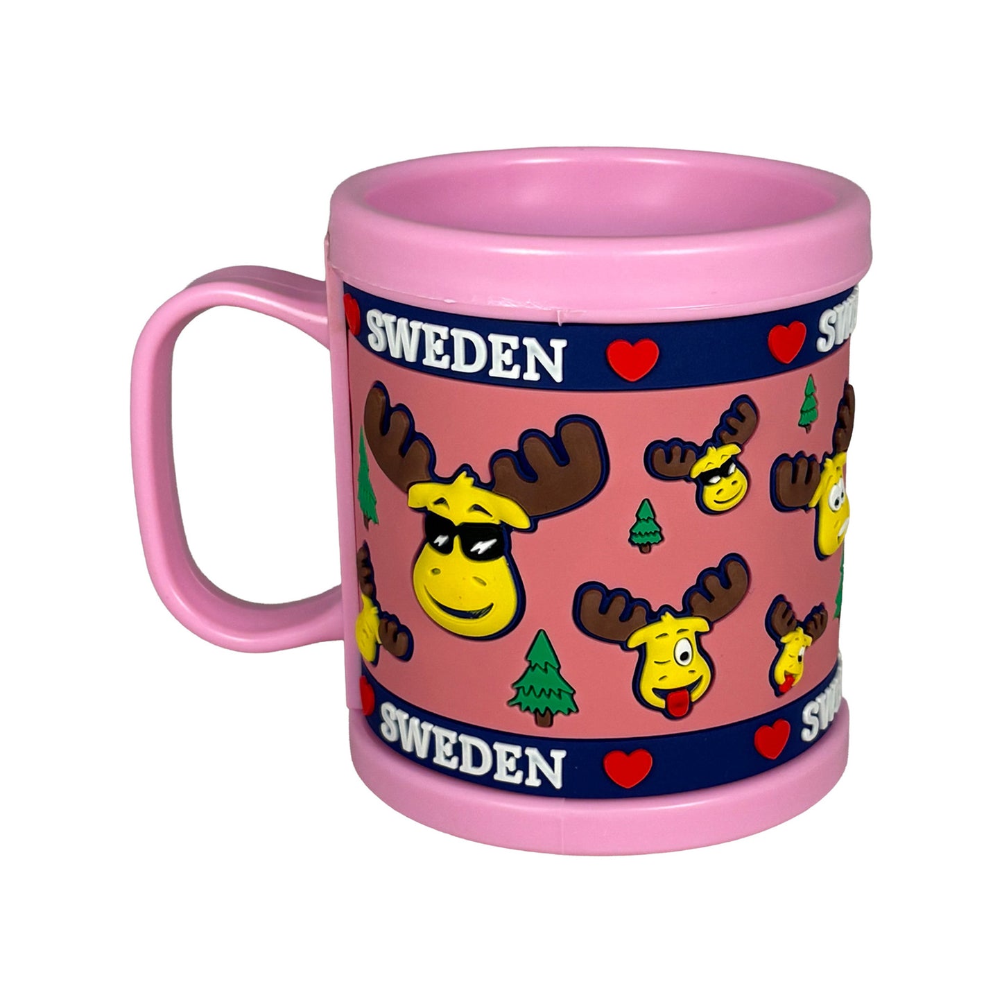 Rosa PVC-mugg med 3D-motiv av roliga älgar och texten "Sweden" – tålig, giftfri och perfekt som souvenir.