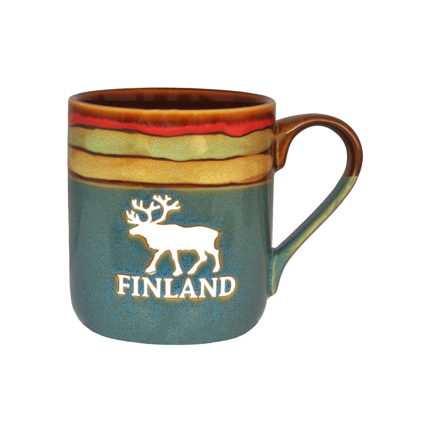 Blå stengodsmugg med texten "Finland" och en vit ren, prydd med ränder i grönt, rosa och ljusgult upptill.