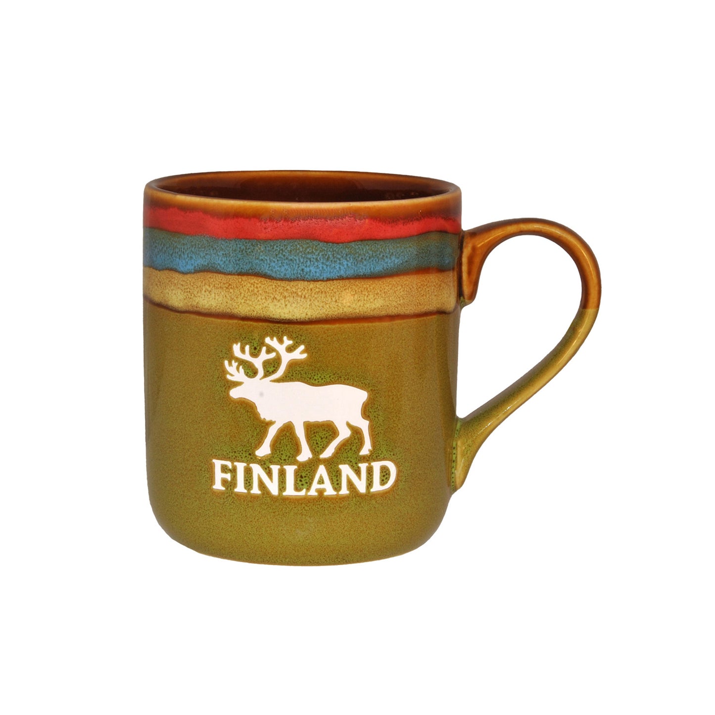 Grön stengodsmugg med texten Finland och en vit ren. Upptill ses fina ränder i blått, rosa och ljusgult.