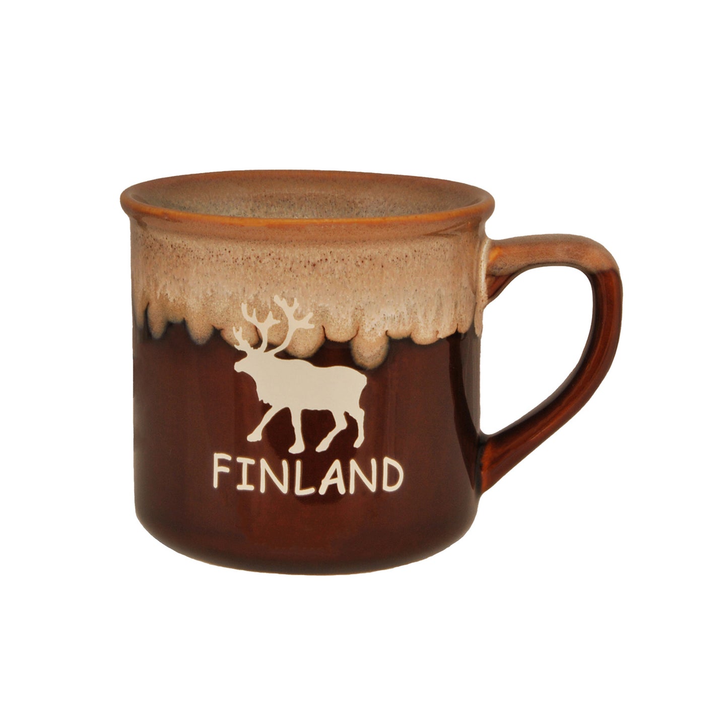 Brun stengodsmugg med texten Finland och motiv av en ren, perfekt för kaffe och som souvenir eller present. Finns även i svart och matchar med älg-muggar i samma serie.