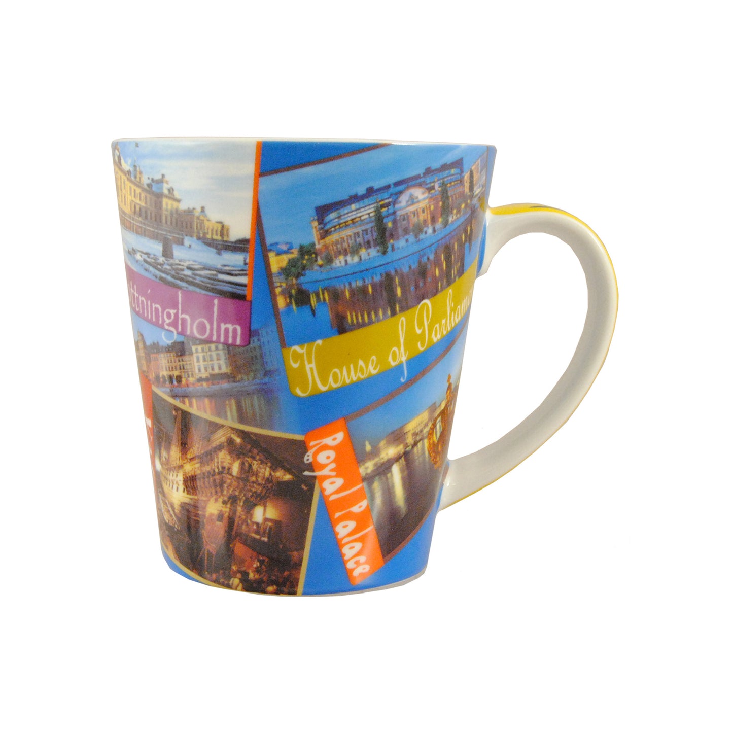 Vit porslinsmugg med färgglada motiv från Stockholms sevärdheter runt om hela muggen och text på handtaget – souvenirmugg 10,5 cm.