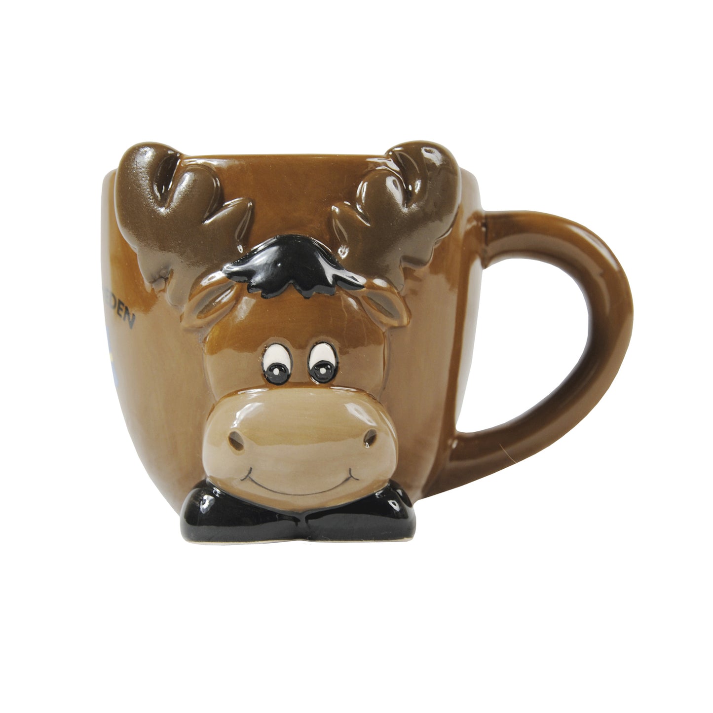 Keramikmugg med 3D-älgmotiv – rolig souvenirmugg med texten Sverige Sweden och en älg som ser ut att stå på huvudet.