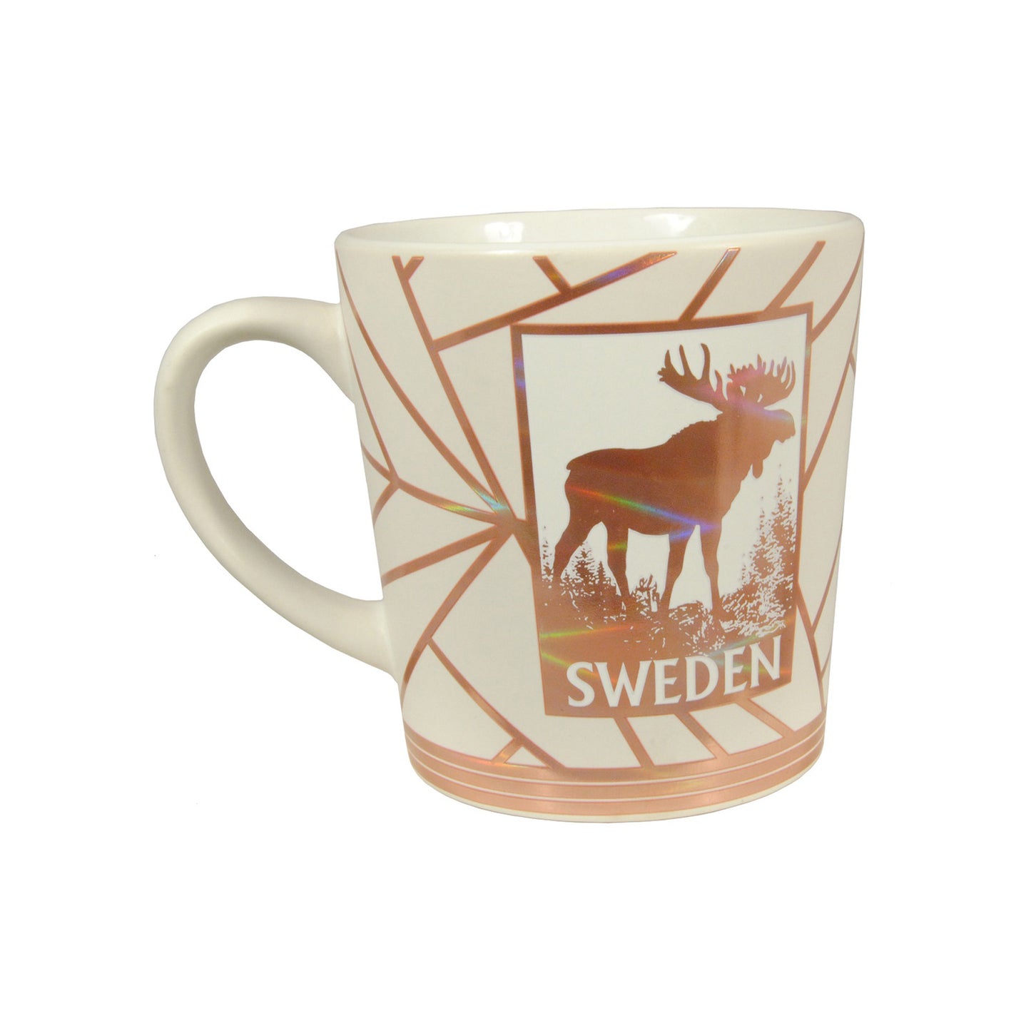 Baksidan av vit mugg med älg och texten "Sweden" i roséguld – samma motiv som på framsidan, stilren svensk souvenir.