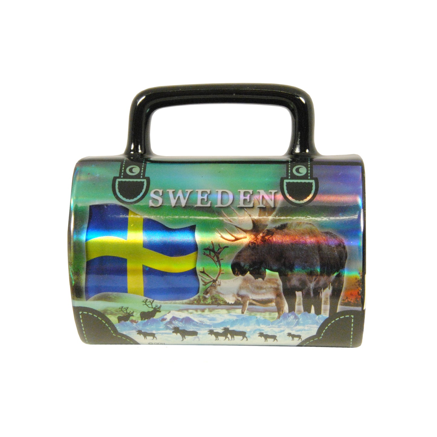 Mugg formad som en handväska med motiv av norrsken, älg, ren och svenska flaggan.
