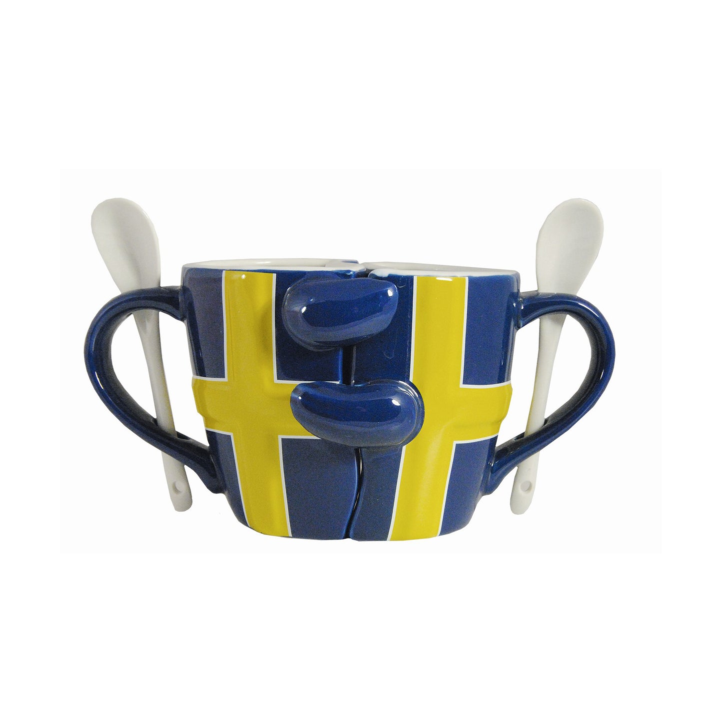 En mugg som kan delas i två. Varje mugg pryds av svenska flaggan. I handtaget på varje mugg sitter en vit sked.