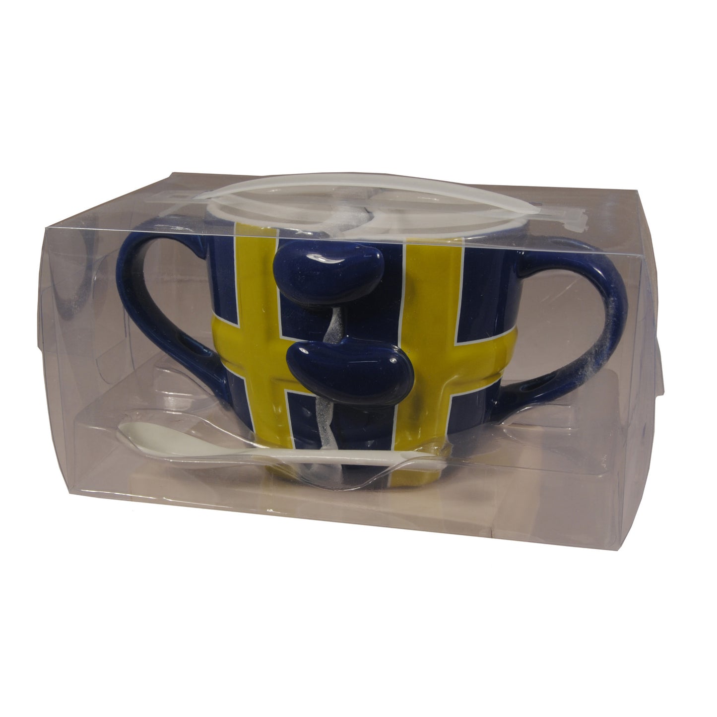 En mugg som kan delas i två. Varje mugg pryds av svenska flaggan. I handtaget på varje mugg sitter en vit sked. Här i sin platsförpackning.