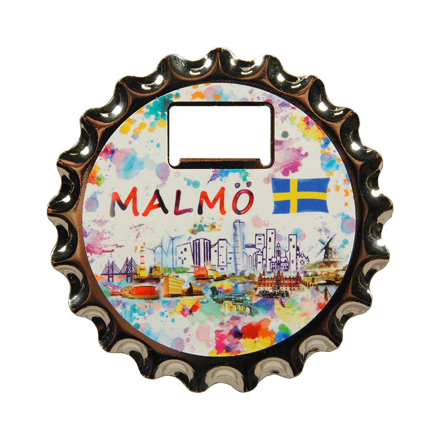 Konstnärlig Malmö-magnet med vattenfärgsdesign – kombinerar funktion som flasköppnare och underlägg.