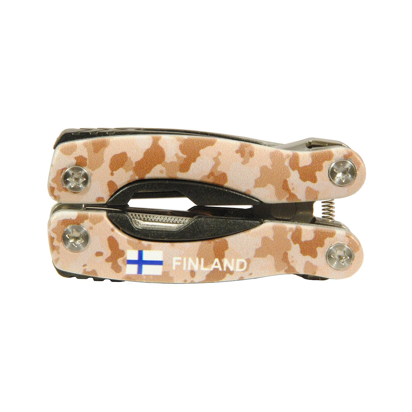 Ihoppfällt multiverktyg med finskt camouflage-mönster, 6,5 cm – kompakt design som levereras med slitstarkt fodral för bältesfäste.