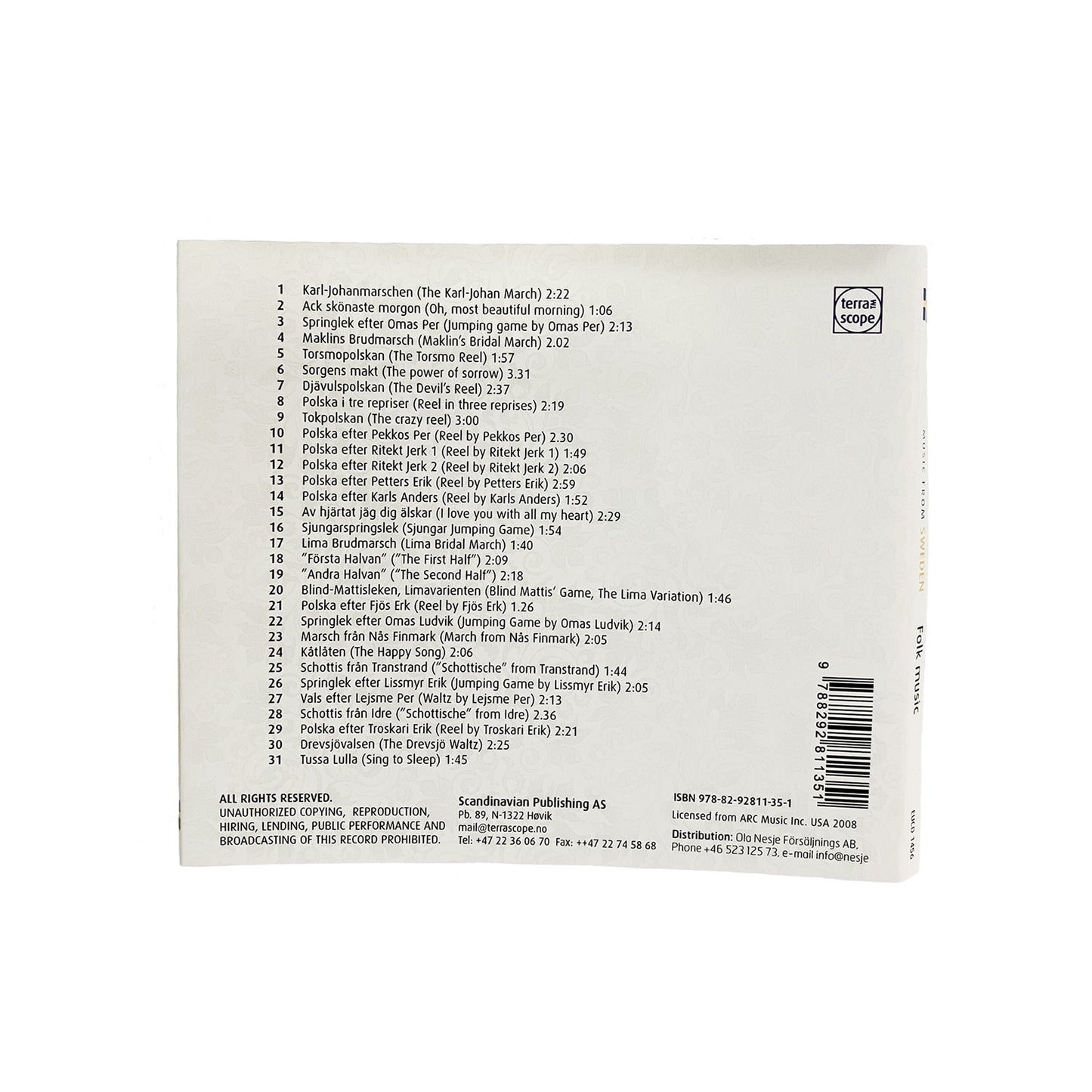 Baksidan av CD-fodralet med låtlista över svensk folkmusik, inklusive valser, brudmarscher, schottis och polska.