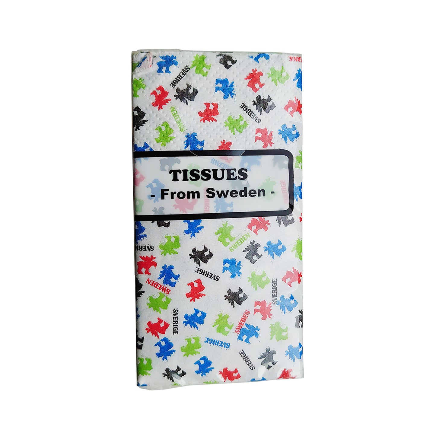 Förpackning med mjuka pappersnäsdukar med älgmotiv. Förpackningen pryds av texten "Tissues from Sweden" i svart.