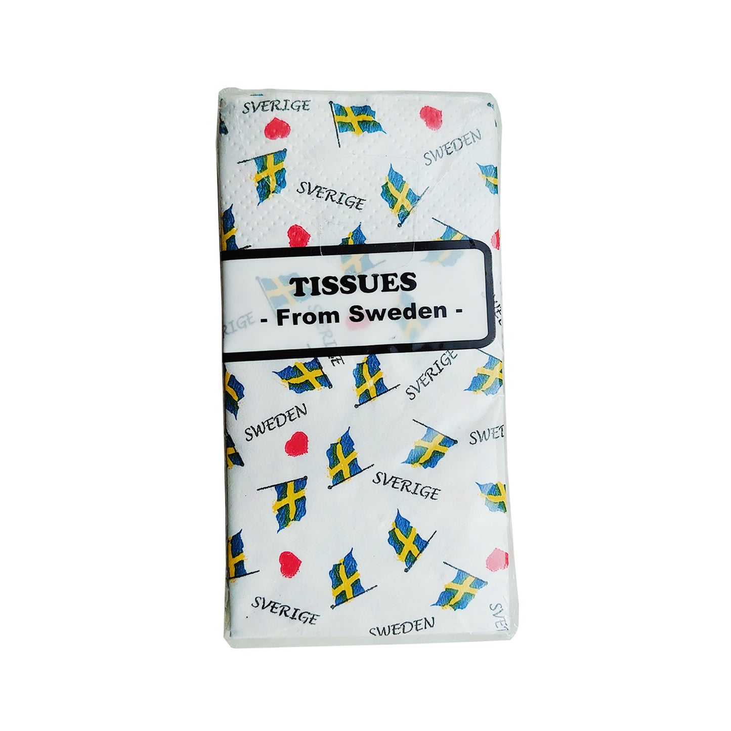 Enskild förpackning mjuka pappersnäsdukar med svensk flagga och texten "Sverige–Sweden". Förpackningen pryds av texten "Tissues from Sweden".