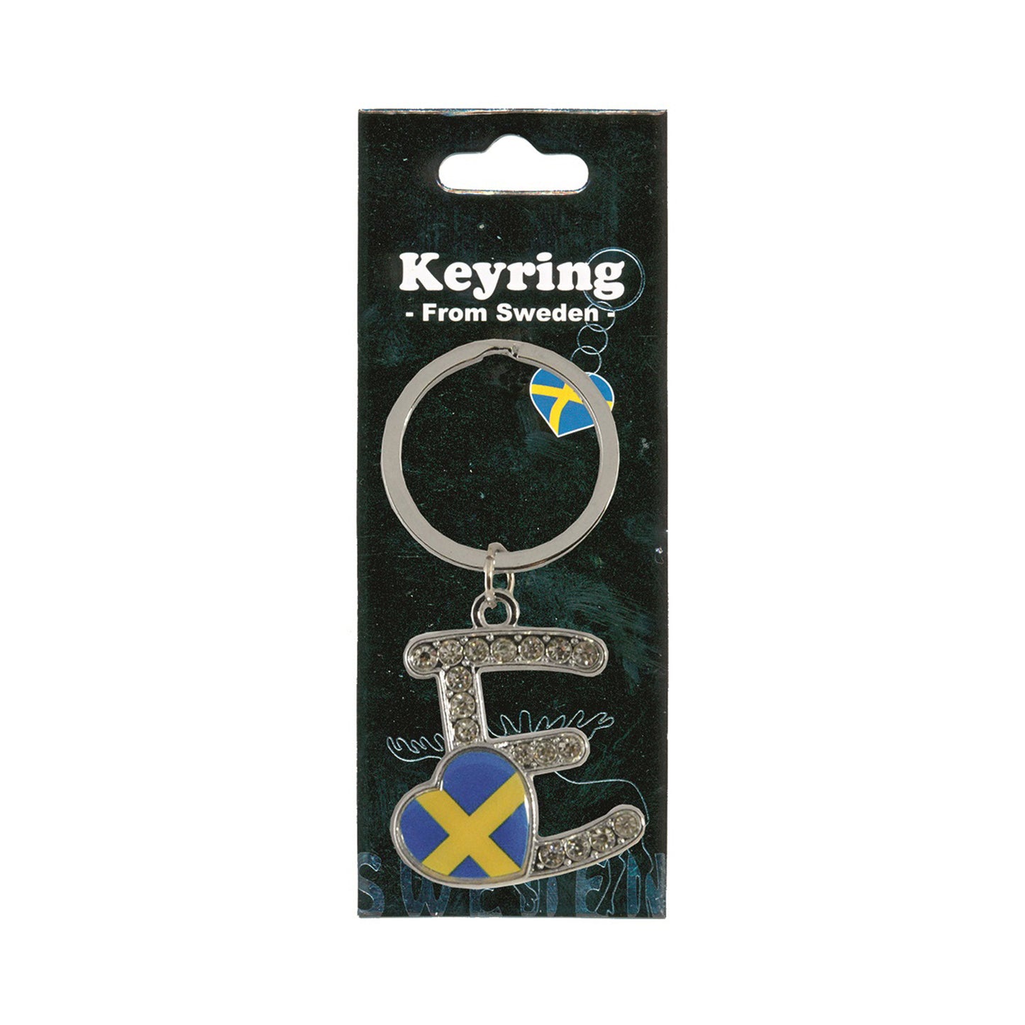 Metallnyckelring med bokstaven E. Bokstaven är dekorerad med glitterstenar. På bokstaven finns även ett hjärta med en svensk flagga. Visas här i sin förpackning. Svart förpackning med texten "Keyring från Sweden" i vitt.