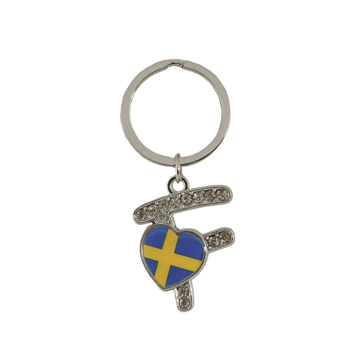 Metallnyckelring med bokstaven F. Bokstaven är dekorerad med glitterstenar. På bokstaven finns även ett hjärta med en svensk flagga.