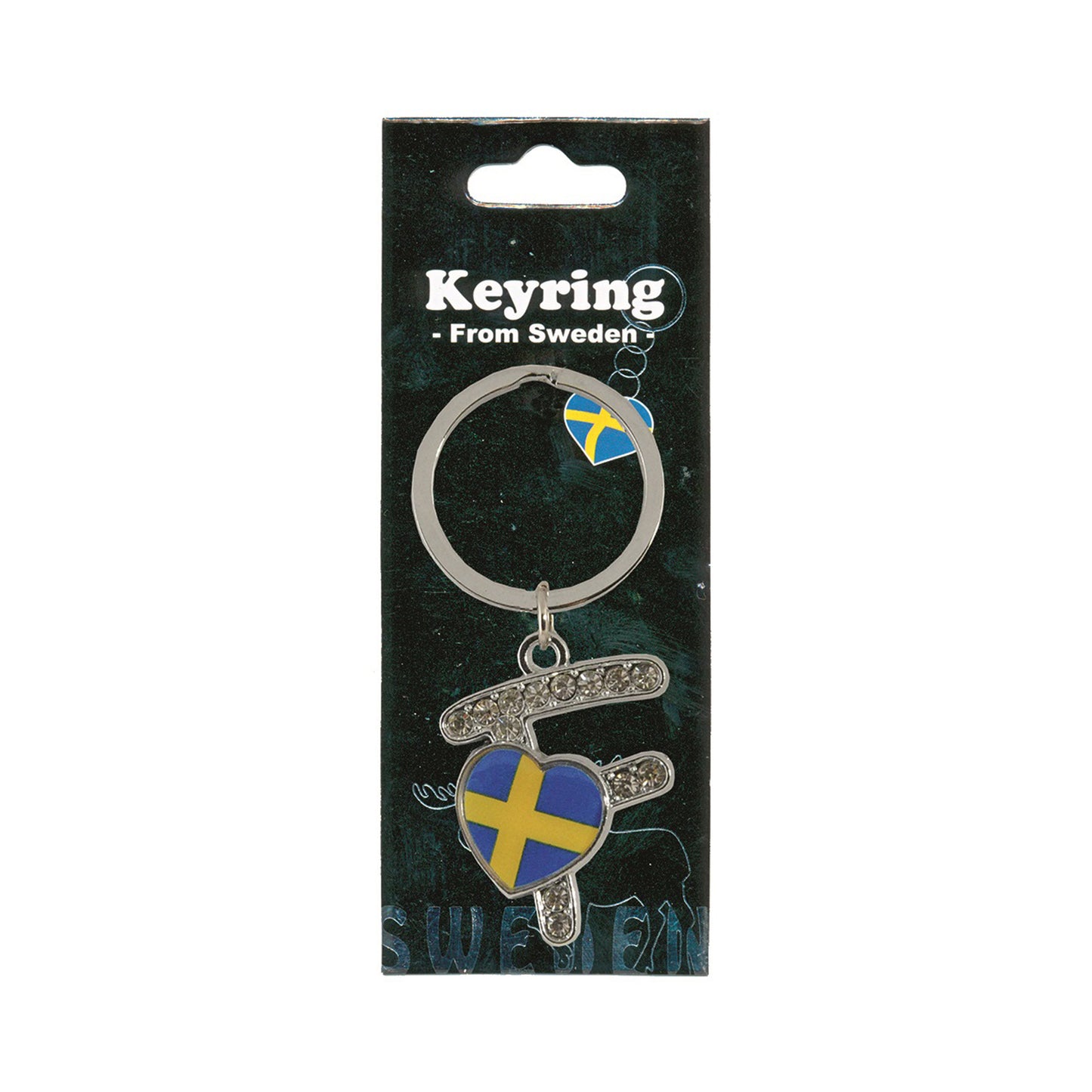 Metallnyckelring med bokstaven F. Bokstaven är dekorerad med glitterstenar. På bokstaven finns även ett hjärta med en svensk flagga. Visas här i sin förpackning. Svart förpackning med texten "Keyring från Sweden" i vitt