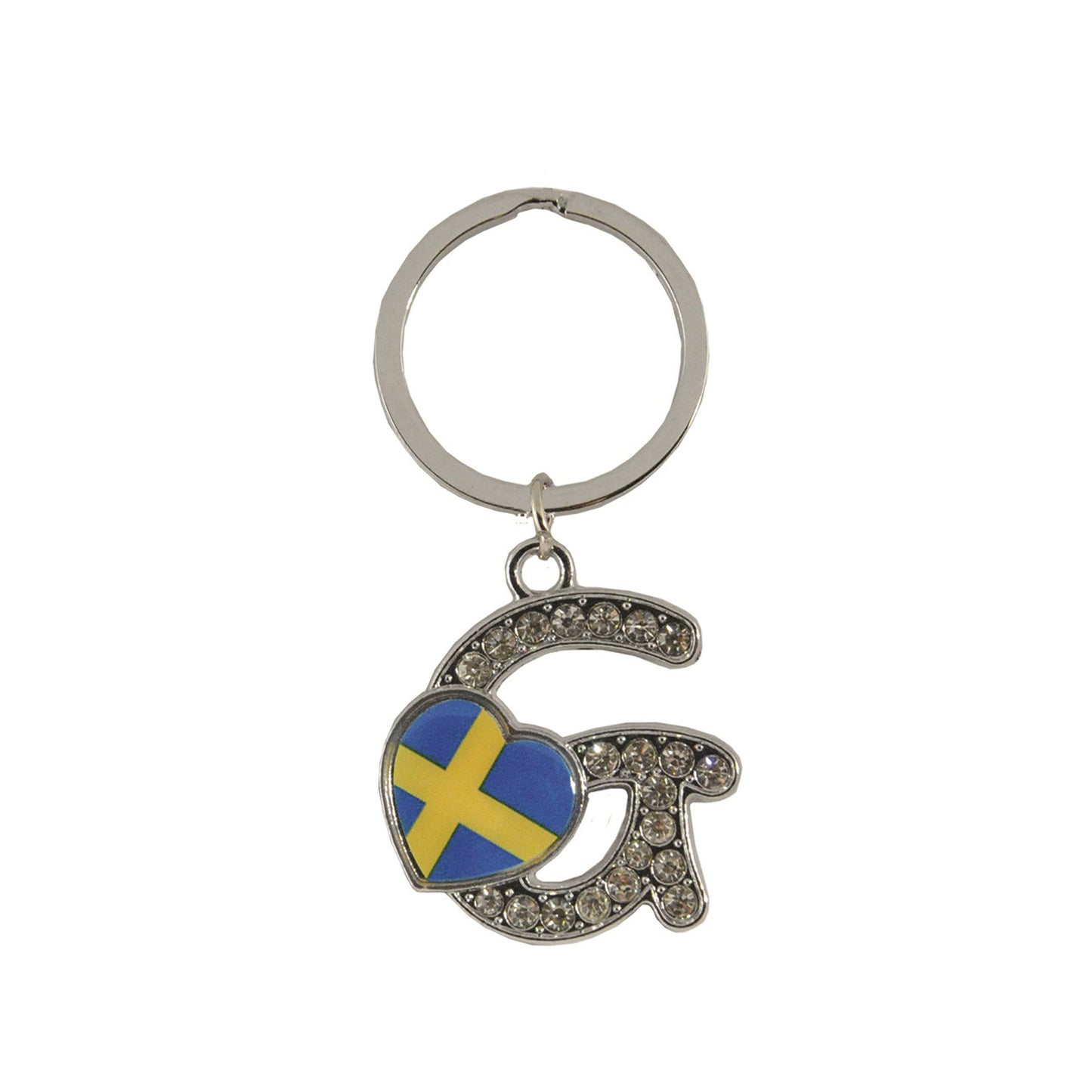 Metallnyckelring med bokstaven G. Bokstaven är dekorerad med glitterstenar. På bokstaven finns även ett hjärta med en svensk flagga.