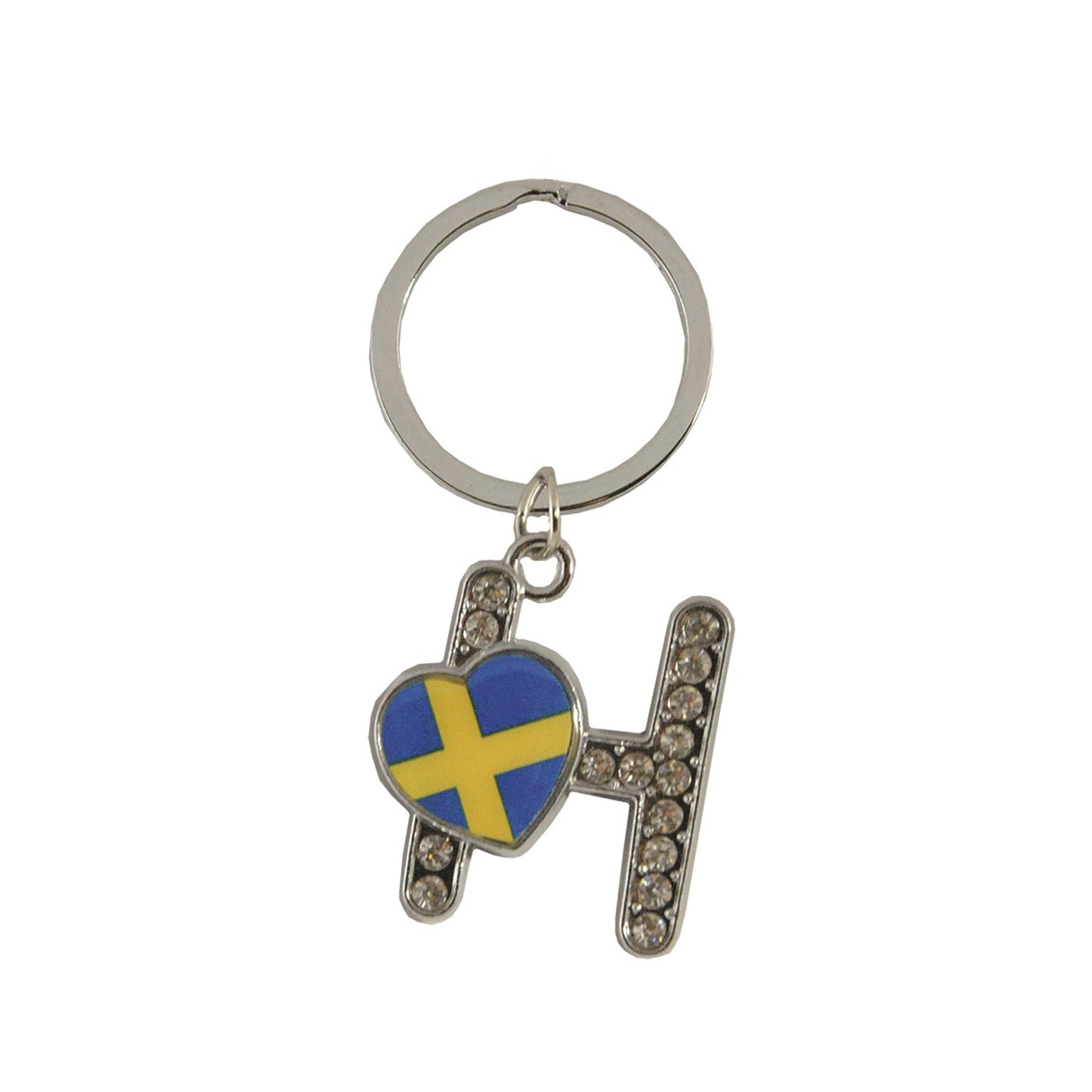 Metallnyckelring med bokstaven H. Bokstaven är dekorerad med glitterstenar. På bokstaven finns även ett hjärta med en svensk flagga.