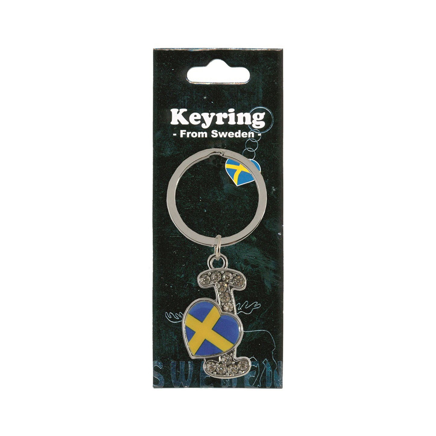 Metallnyckelring med bokstaven I. Bokstaven är dekorerad med glitterstenar. På bokstaven finns även ett hjärta med en svensk flagga. Visas här i sin förpackning. Svart förpackning med texten "Keyring från Sweden" i vitt.