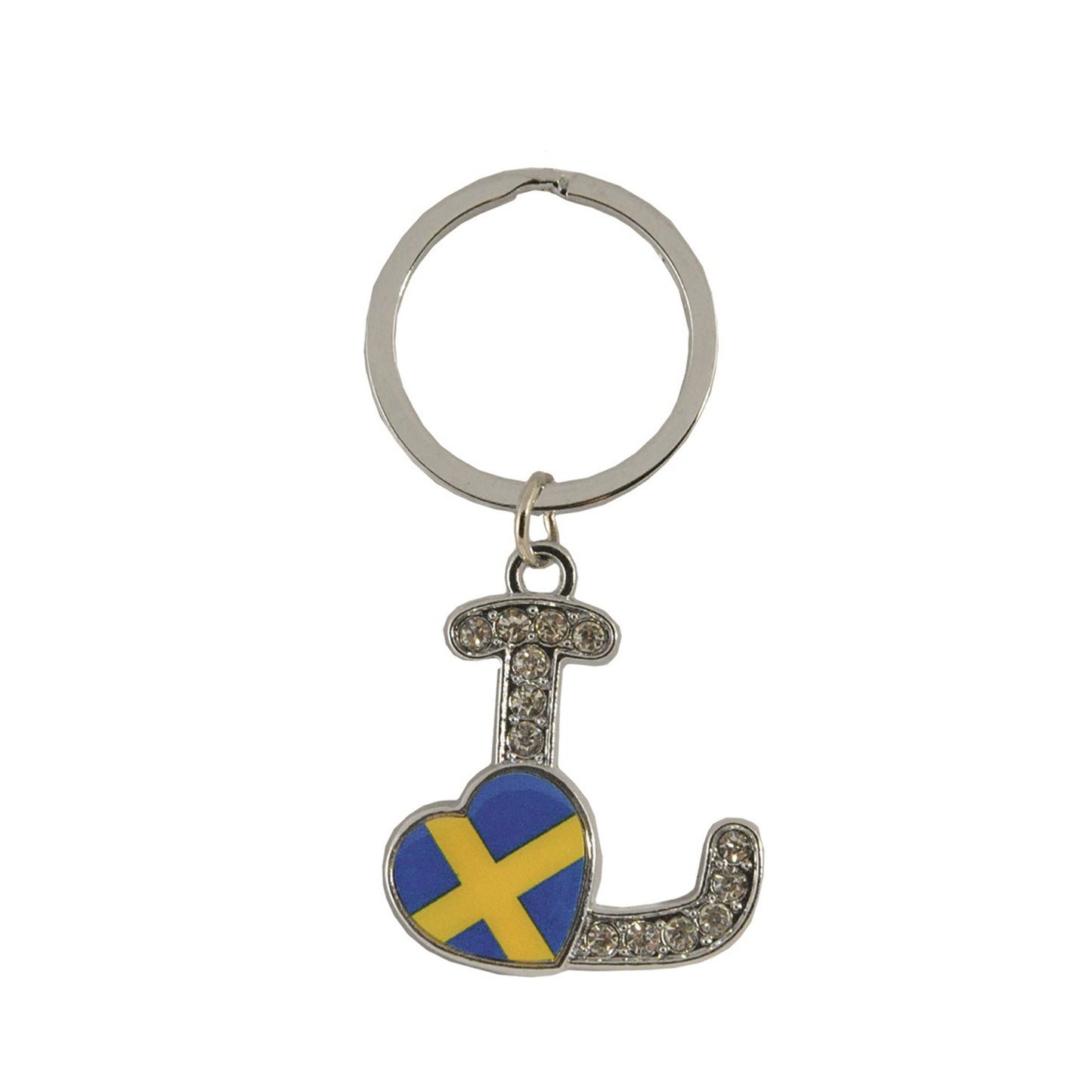 Metallnyckelring med bokstaven L. Bokstaven är dekorerad med glitterstenar. På bokstaven finns även ett hjärta med en svensk flagga.