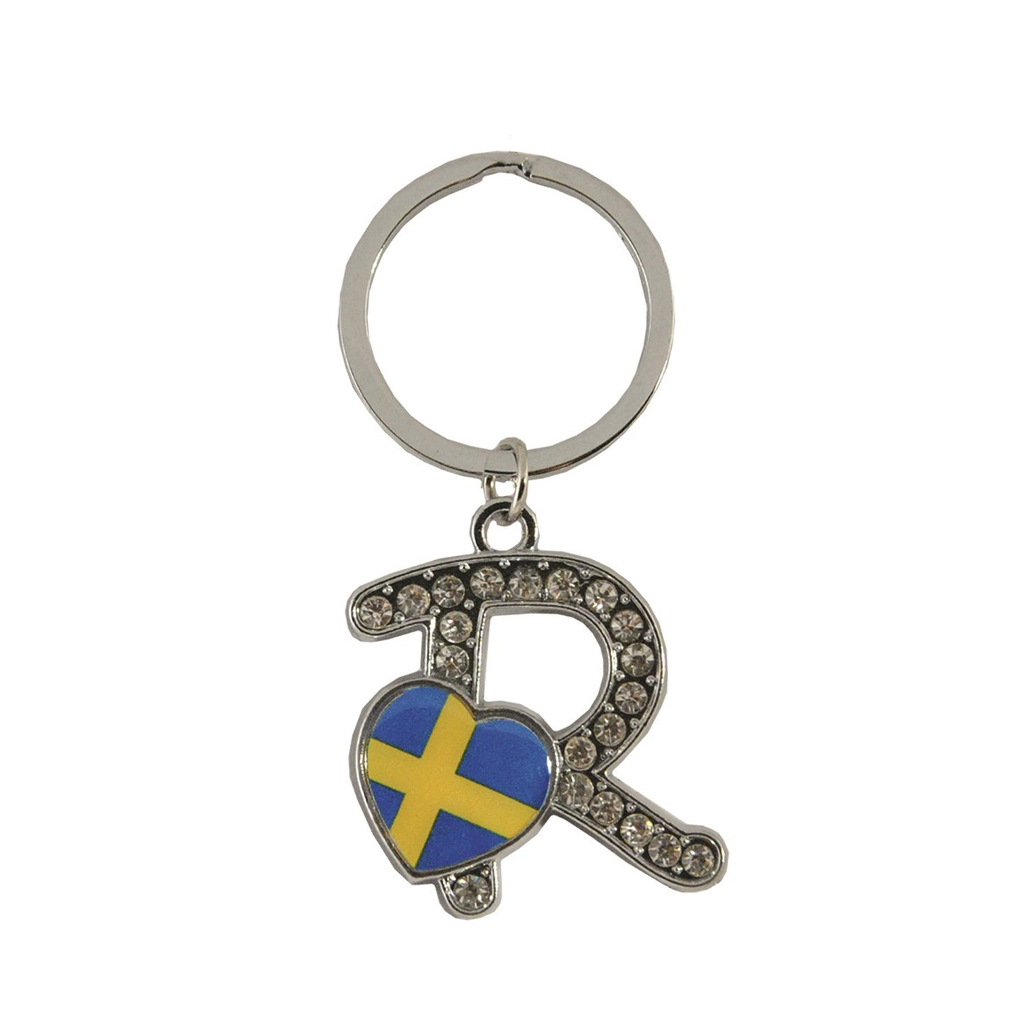Metallnyckelring med bokstaven R. Bokstaven är dekorerad med glitterstenar. På bokstaven finns även ett hjärta med en svensk flagga.