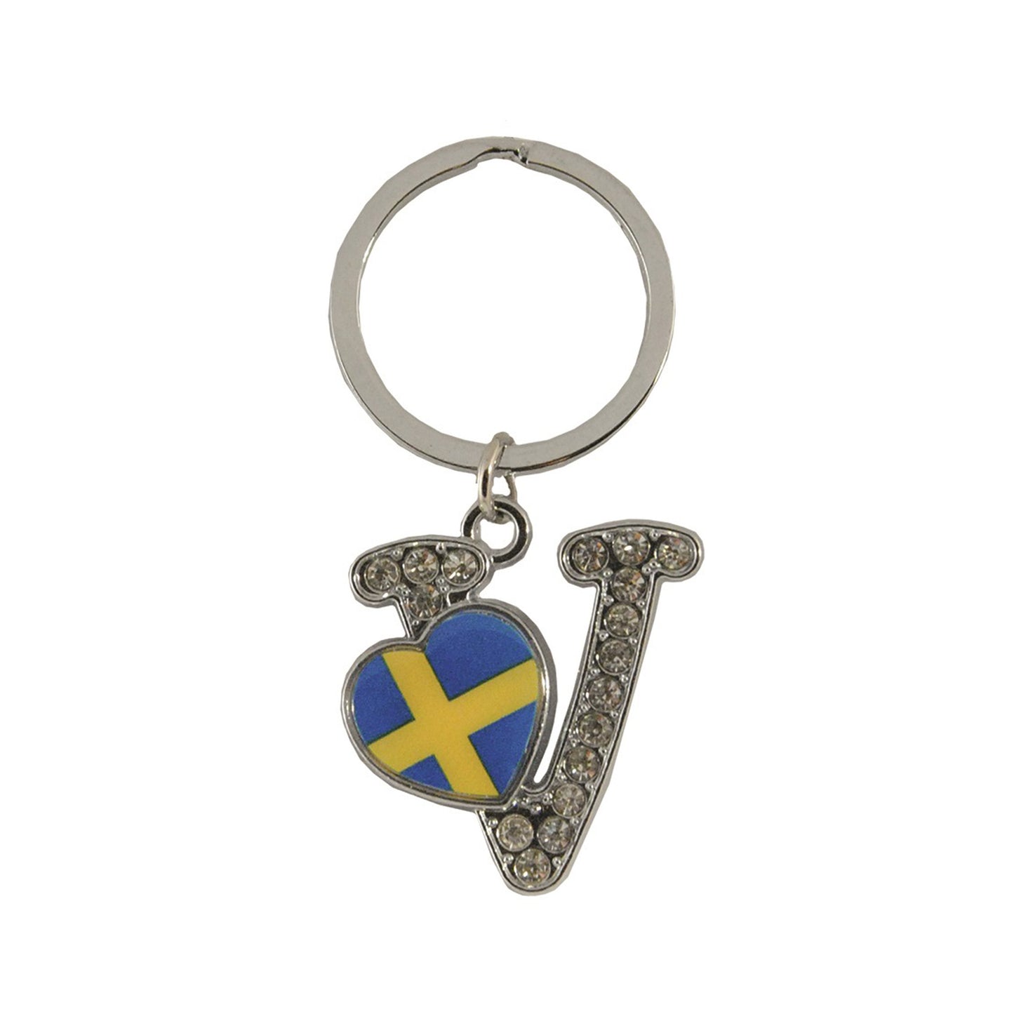 Metallnyckelring med bokstaven V. Bokstaven är dekorerad med glitterstenar. På bokstaven finns även ett hjärta med en svensk flagga.
