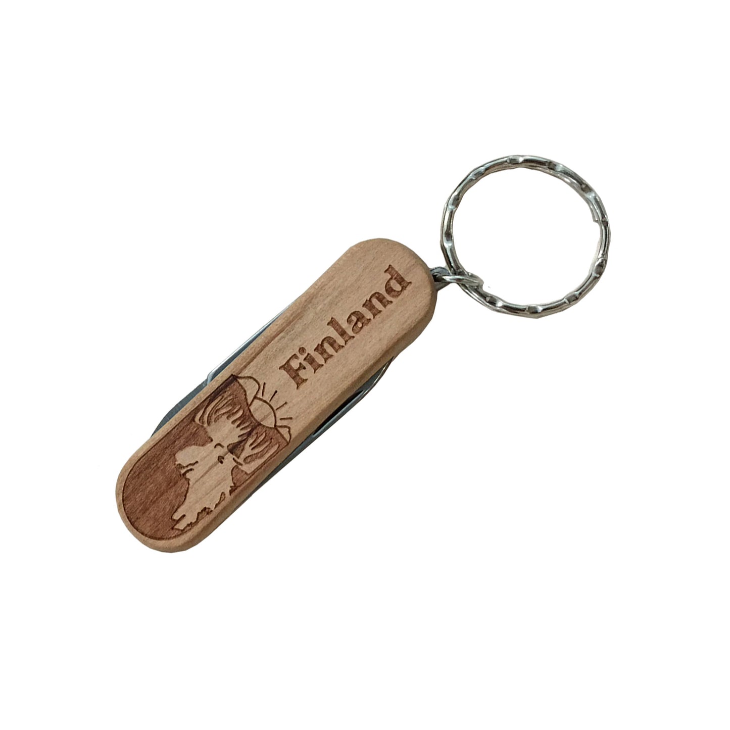 Souvenirnyckelring i trä med fickkniv, 6 cm – ihopfälld med synligt lasergraverat älgmotiv och texten "Finland" på handtaget.